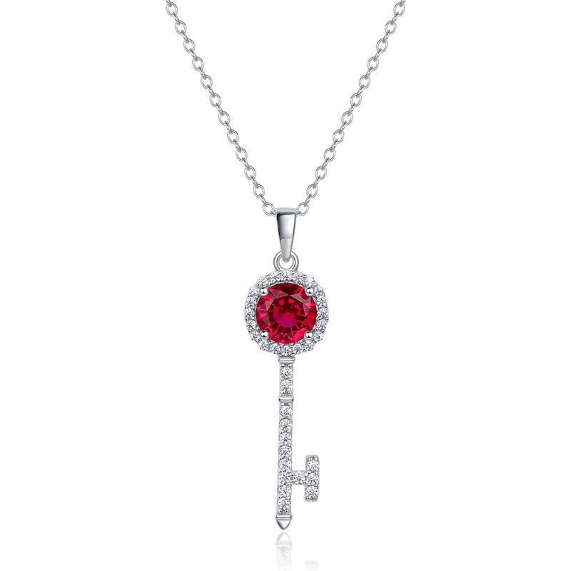 S925 Sterling Silver Lab-Grown Ruby Key Minimalist Necklace