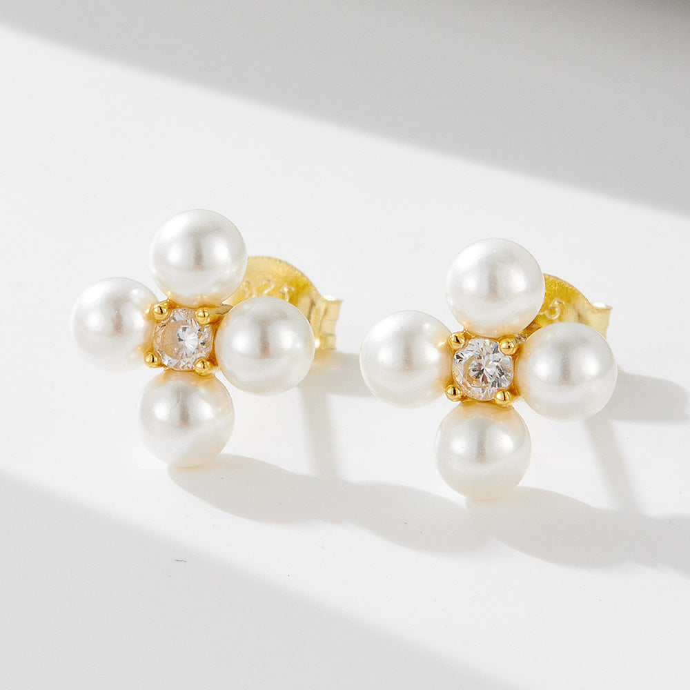 S925 Sterling Silver Zircon Pearl Earrings Korean Bead Zircon Four-Leaf Combination Stud Earrings