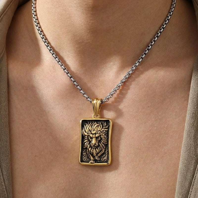 Punk Style Retro Casting Lion Tag, Smearing Oil Animal Square Brand Stainless Steel Necklace