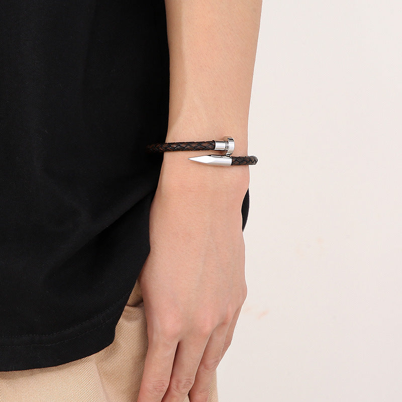 Cowhide Woven Stainless Steel Nail Bracelet – Men's Magnetic Buckle Leather Bracelet