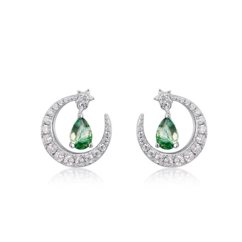 S925 Sterling Silver Moss Agate & Zircon Crescent Moon Stud Earrings