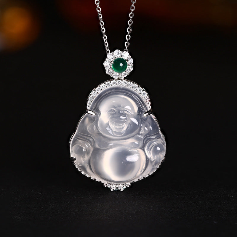Ice Chalcedony Buddha Pendant Necklace S925 Sterling Silver