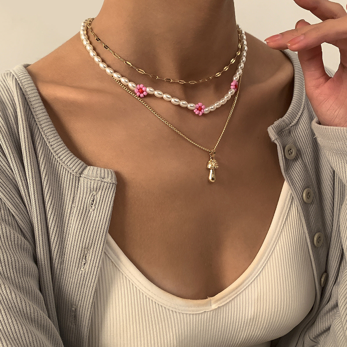 Planderful Mushroom Flower Necklace Multi Layer Pastoral Imitation Pearl For Women Elegant Statement Jewelry