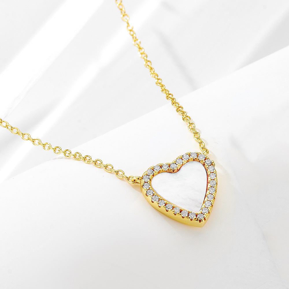 S925 Sterling Silver Love-Shaped Shell Pendant Necklace Inlaid Zircon