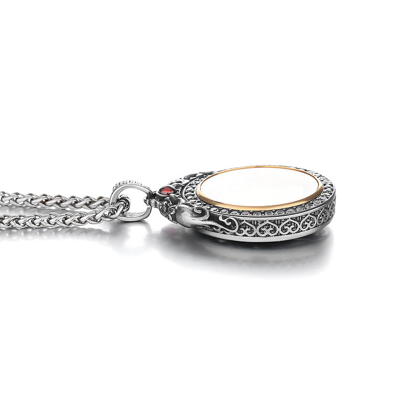 Steel Necklace – Elegant Long Pixiu Ethnic Stone Inlaid Design With Wutai Mountain Motif For Men