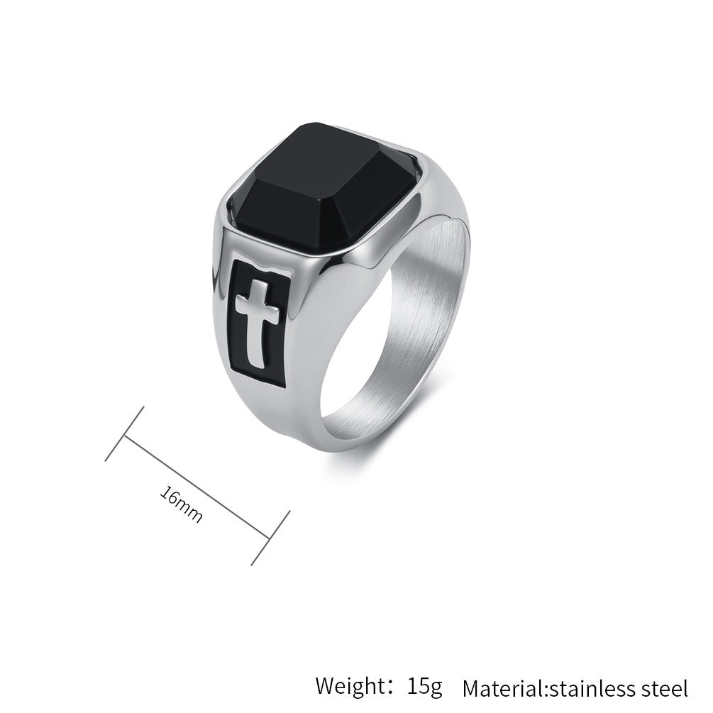 Black Stone Cross Ring Unisex Vintage European Style Planderful Everyday Genie Bold Statement Jewelry