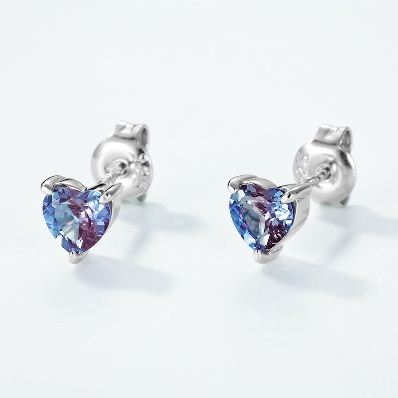 Planderful Jewelry Alexandrite Earrings In Sterling Silver Geometric Heart Design Studs