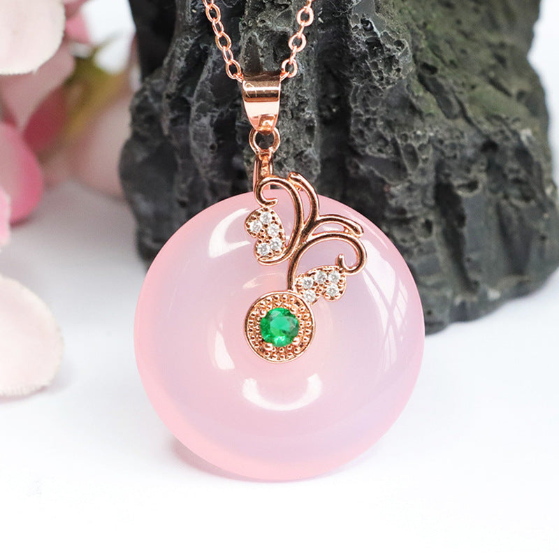 Rose Gold Necklace with Butterfly Pendant Featuring Natural Pink Chalcedony