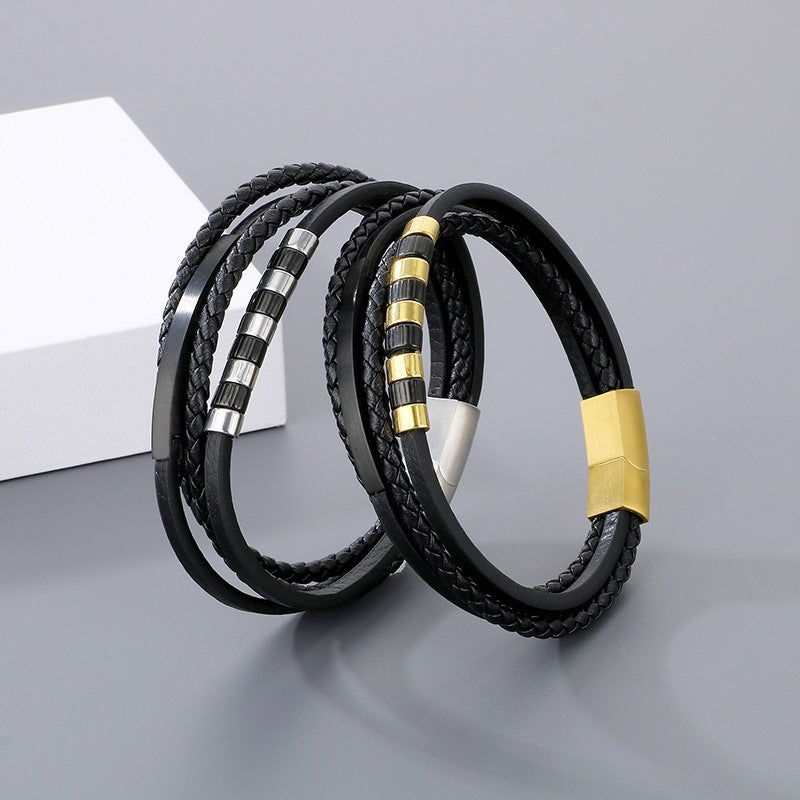 Stainless Steel Black Gold Beaded Leather Cord Bracelet – Multi-Layer Woven Magnetic