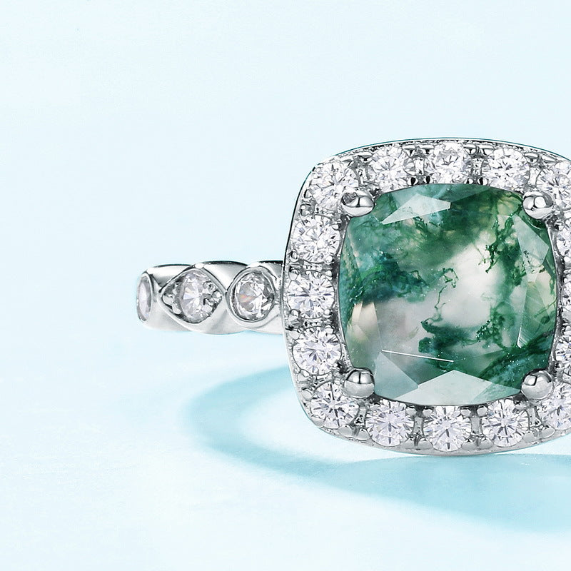 S925 Sterling Silver Moss Agate Pavé Ring