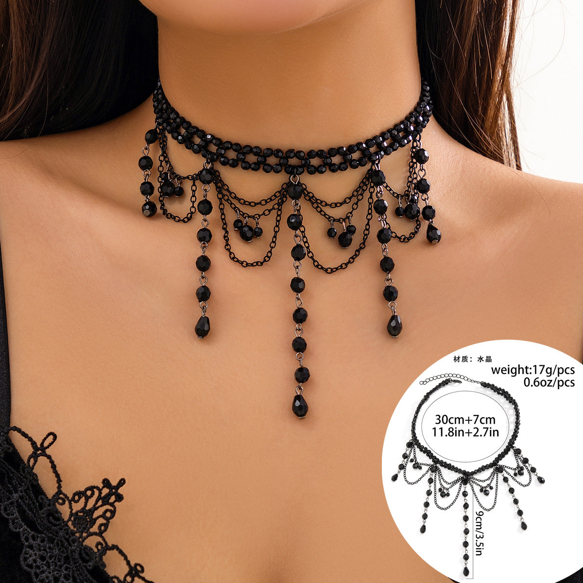Gothic Lolita Necklace with Tassel Detail and Lace Collar