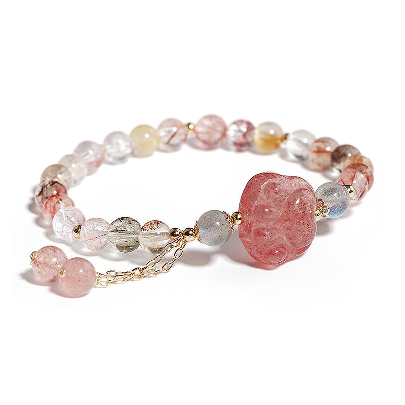 Strawberry Crystal Tassel Bracelet with Cat Claw Design