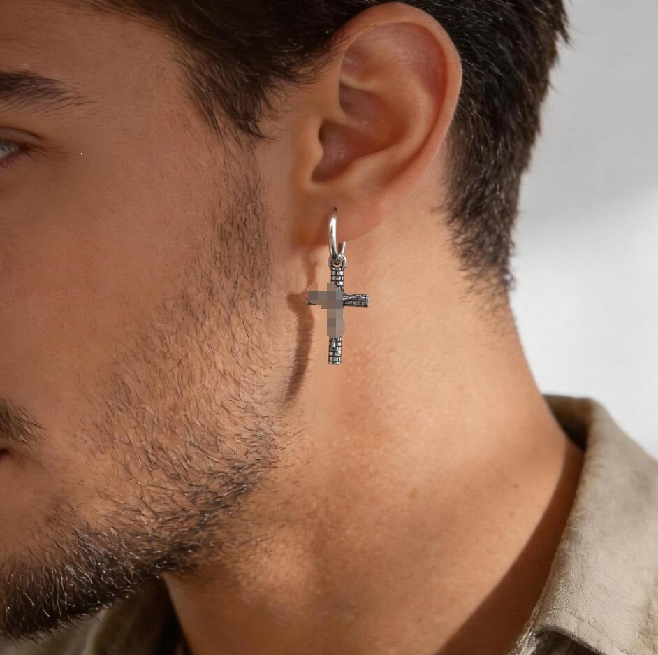 Antique Silver Cross Hoop Earring — Single