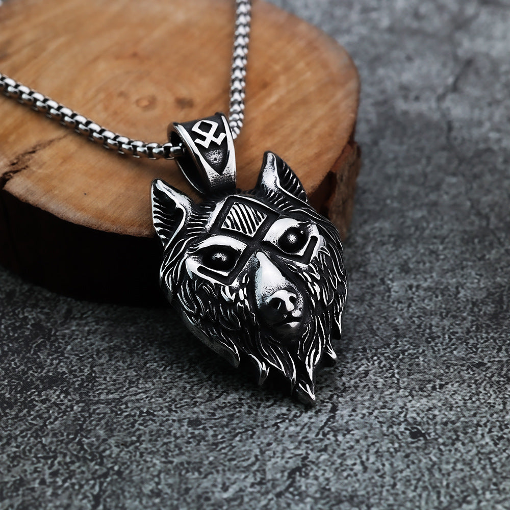 Vintage Viking Rune Wolf Head Stainless Steel Pendant Necklace