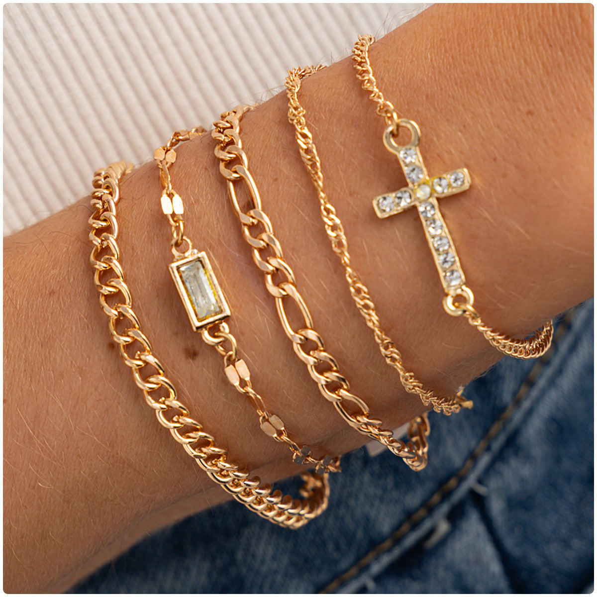 Style Set Stacked Cross Bracelet Micro-Inlaid Zircon Western Retro Chain Multi-Layer