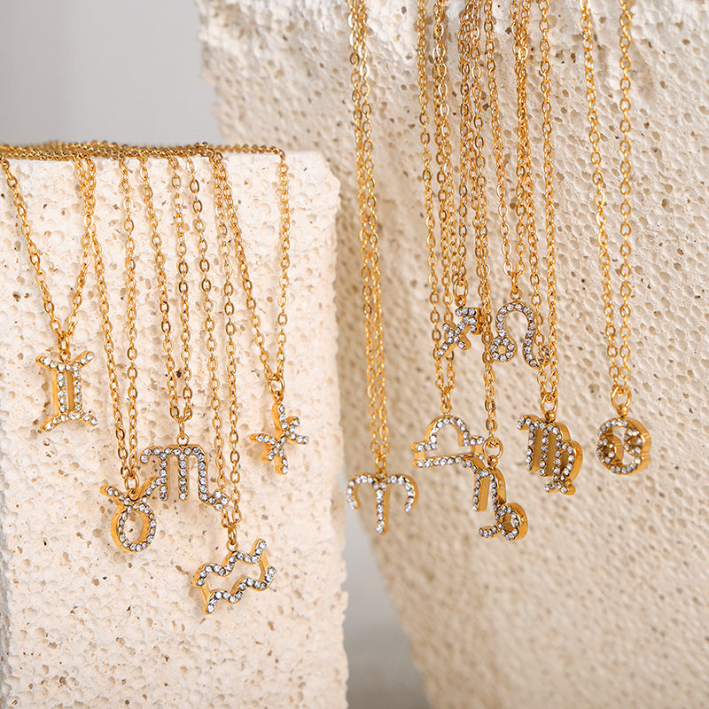 Golden Zodiac Rhinestone Pendant Necklace - Wholesale Fashion Jewelry