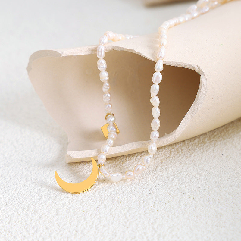 Moonbeam Freshwater Pearl Square Pendant Necklace in Titanium Steel