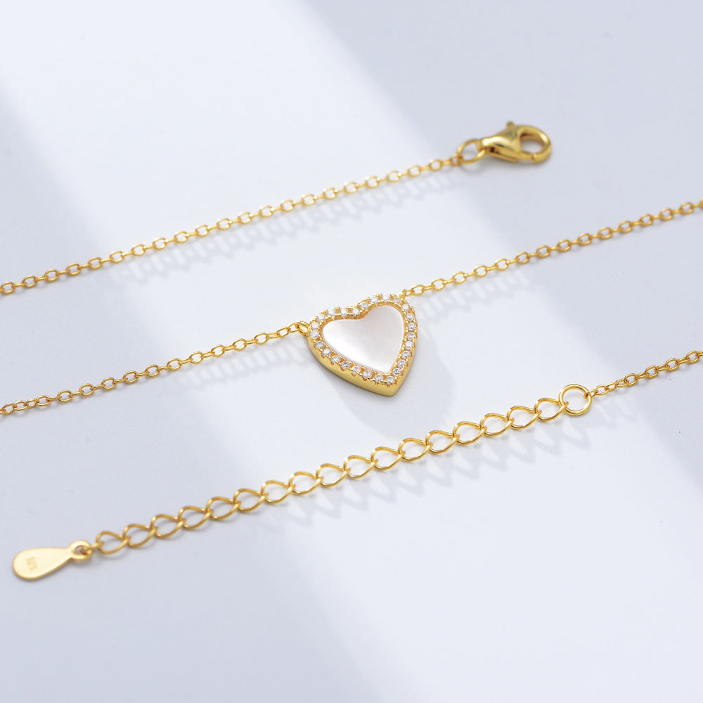 S925 Sterling Silver Love-Shaped Shell Pendant Necklace Korean Version Zircon