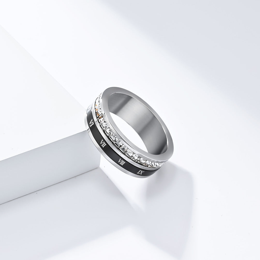Light Luxury Full Square Zircon Roman Numerals Titanium Steel Ring