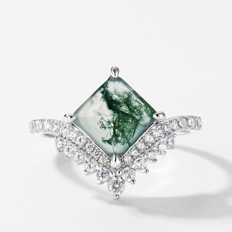 Planderful Everyday Genie Ring – Cross-border Stylish and Simple Geometric Princess Square Aquatic Plant Agate Stone Silver Inlaid Colorful Treasure Retro Finger Ring