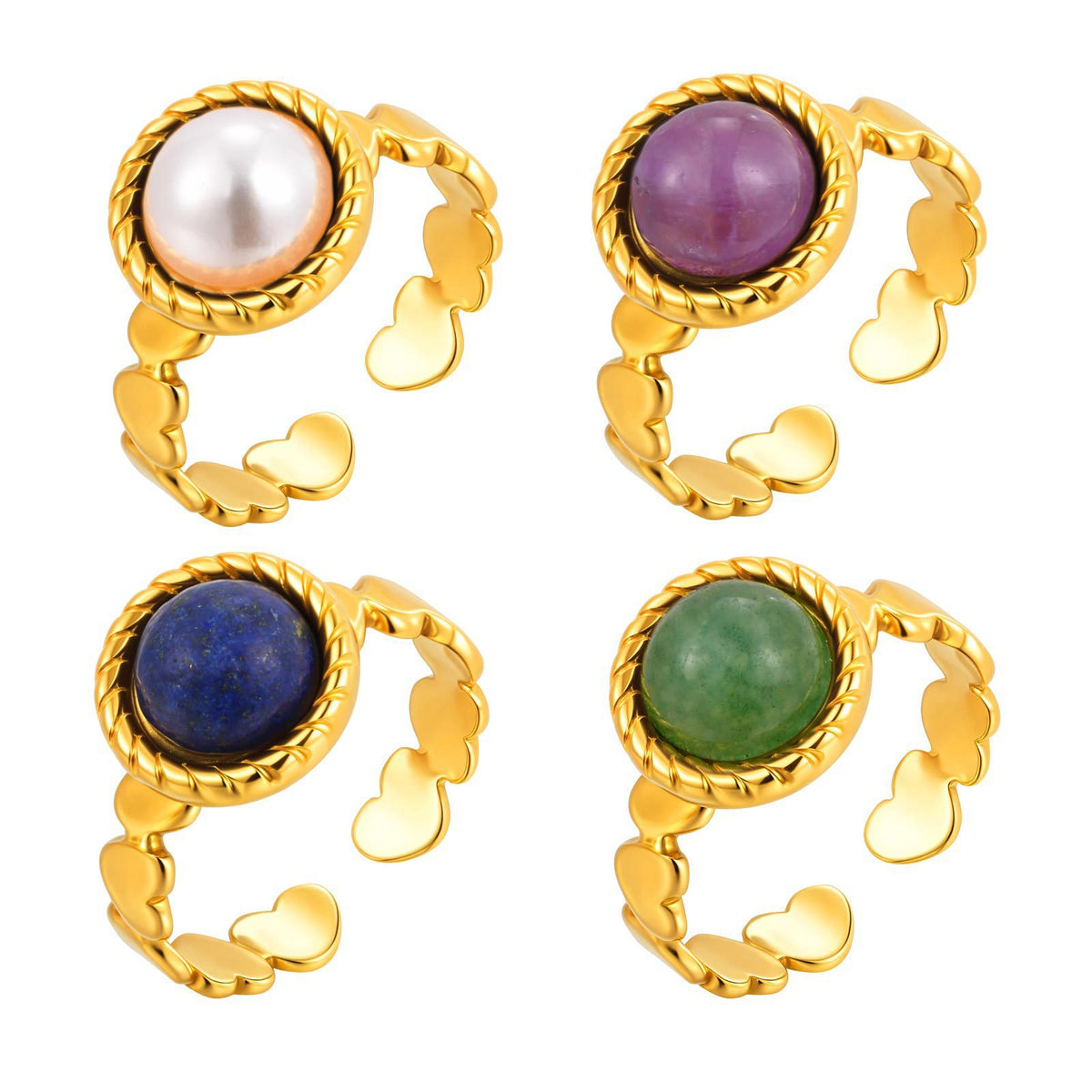 Stainless Steel Geometric Round Egg Surface Natural Stone Imitation Pearl Heart Open Ring