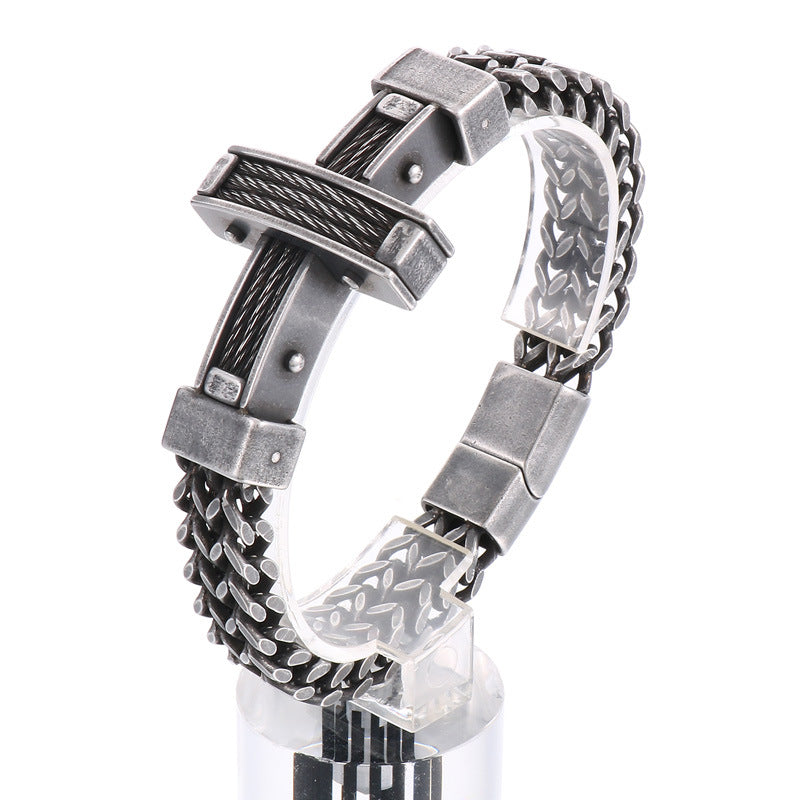 Hip-Hop Urban Weiya Line Cross Bracelet, Personalized European and American Men's Titanium Steel Chain with Magnet Buckle