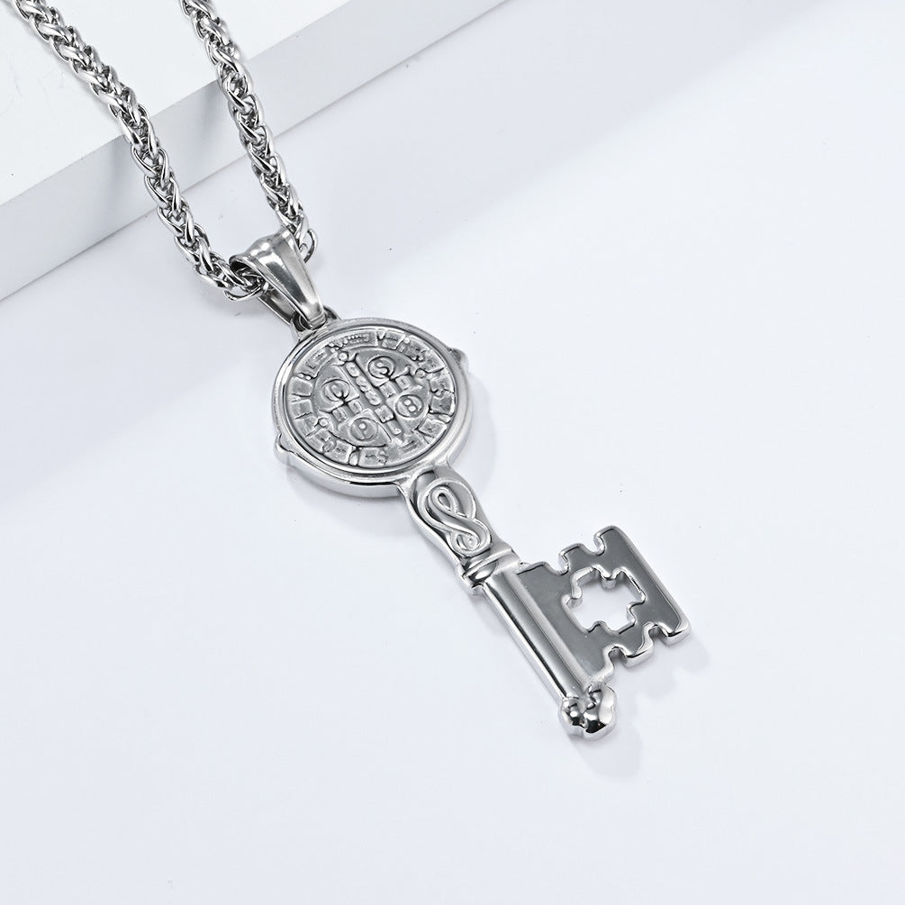 Planderful Saint Benedict Key Necklace Exorcist Titanium Steel Protection Pendant For Gothic Jewelry Lovers
