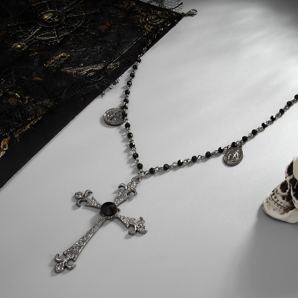 Y2K Gothic Cross & Crystal-Style Necklace