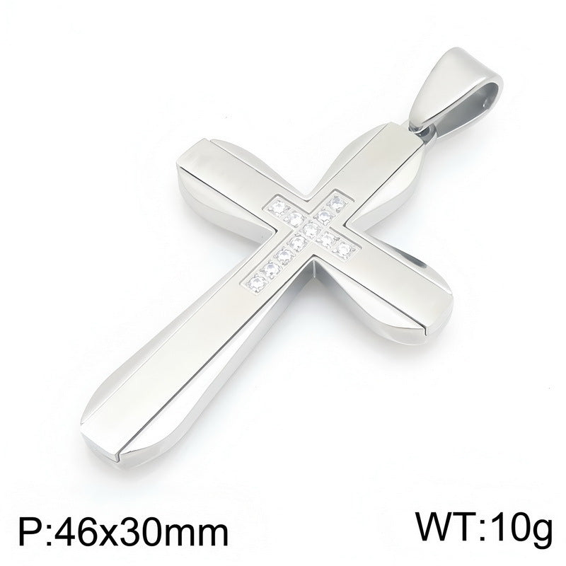 Hip Hop Rock Double Contrast Color Zircon Cross Titanium Steel Pendant Back Stainless Necklace