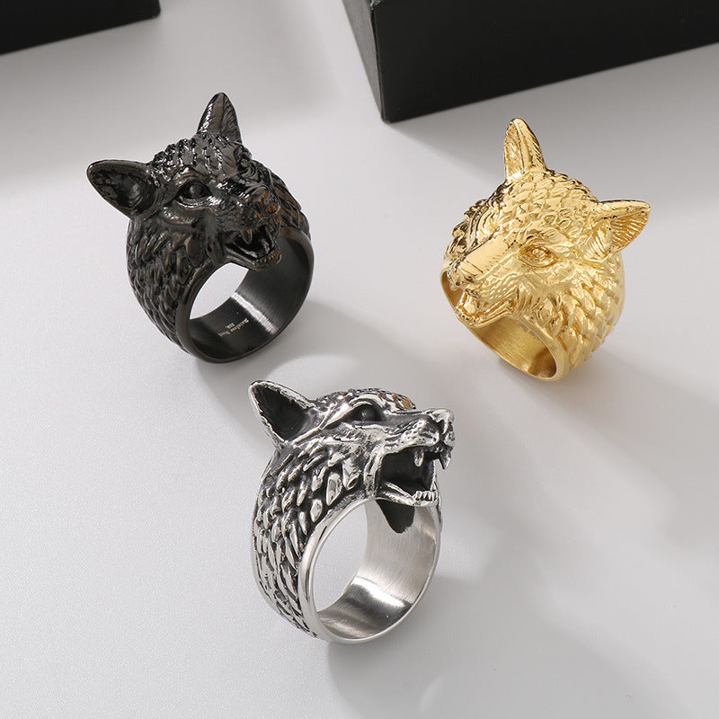 E-Commerce Popular Animal Jewelry, Punk Style Old Viking Wolf Head Stainless Steel Men's Ring
