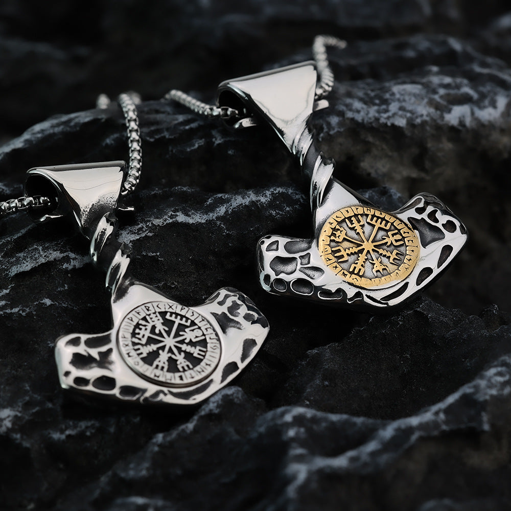 Vintage Men's Stainless Steel Viking Anchor Compass Rune Necklace