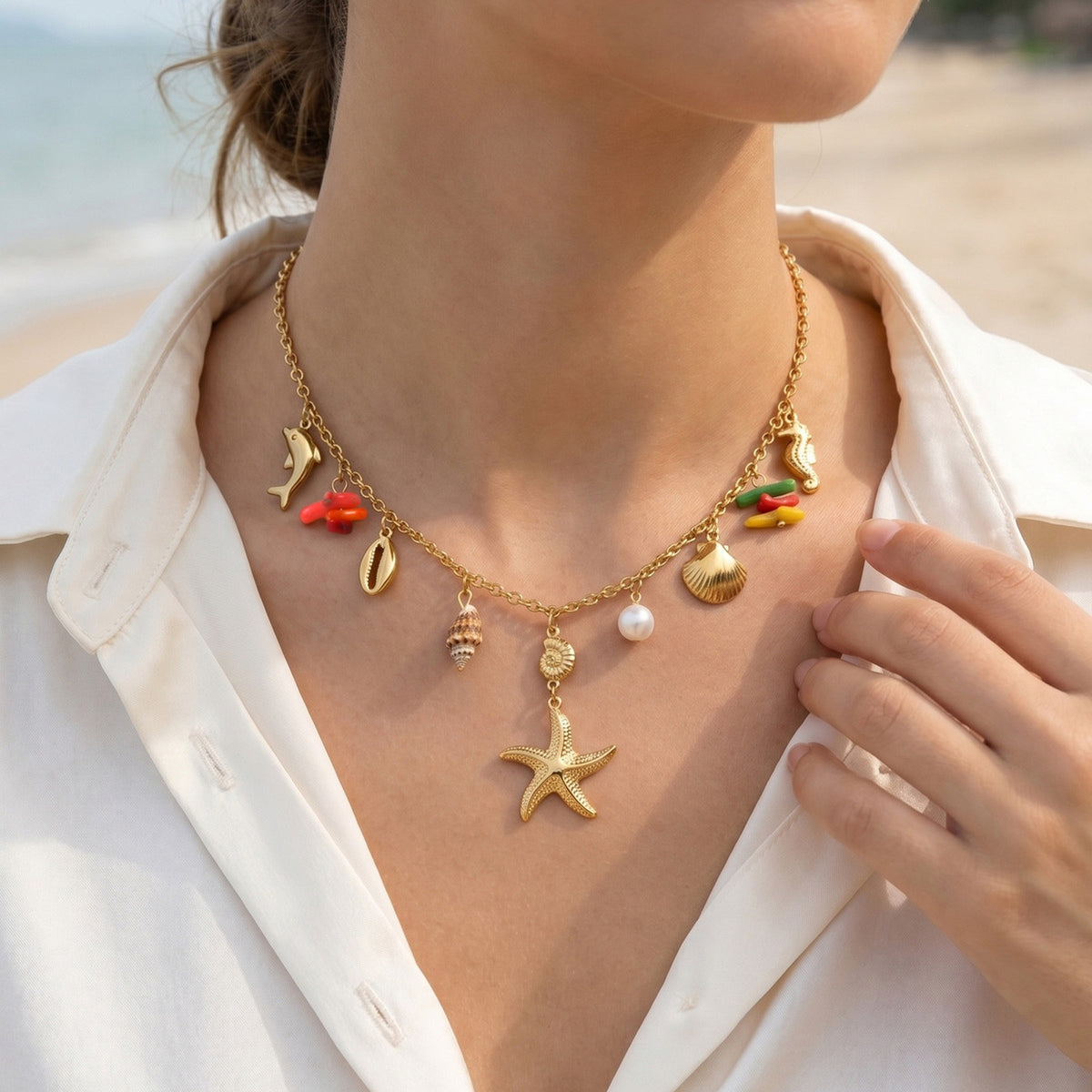Summer Ocean Wind Dopamine Ladies Stainless Steel Conch Starfish Shell Imitation Pearl Necklace