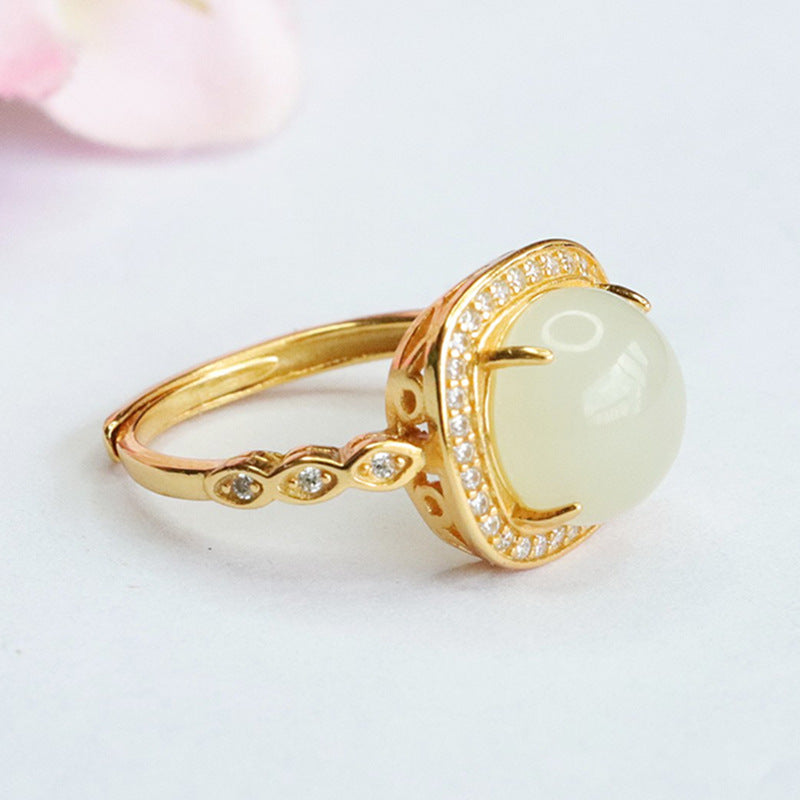 Stunning S925 Silver Hetian Jade Ring with Square Zircon Halo