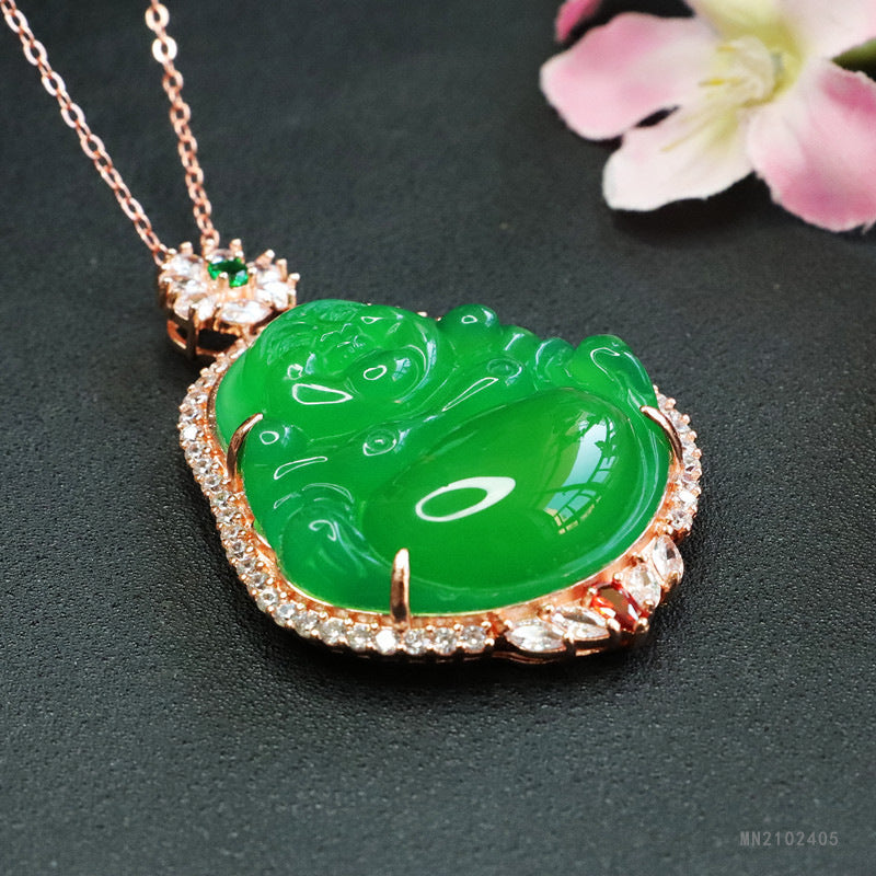 Green Chalcedony Buddha Rose-Gold-Tone Pendant — No Chain