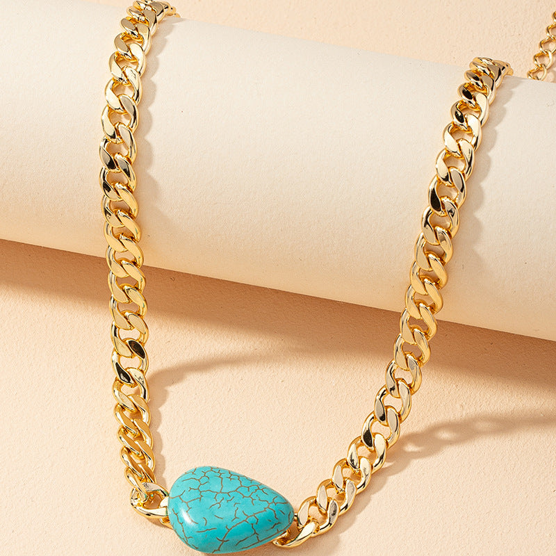 Vibrant Stone Pendant Necklace with Chunky Chain - Women's Fashion Accessory
