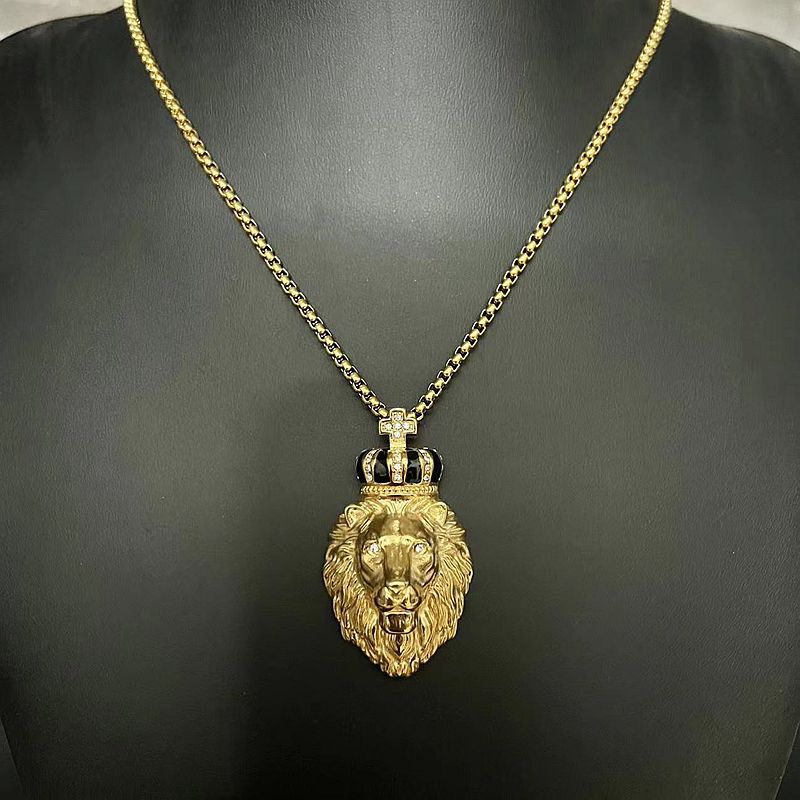 Steel Necklace – Statement Rhinestone Crown Lion Pendant