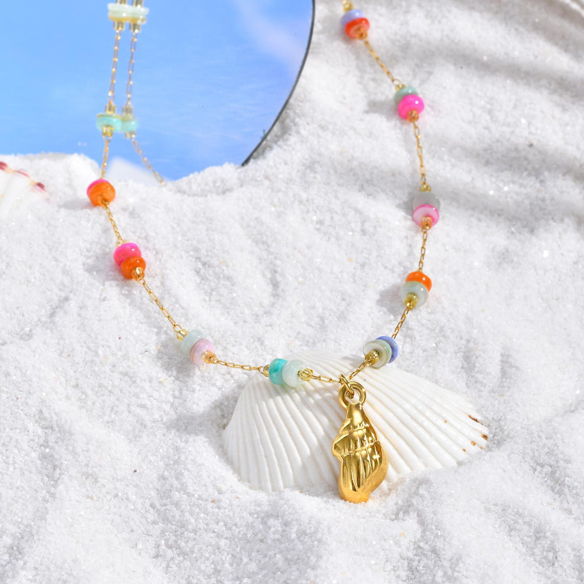 Summer Seaside Vacation Wind Small Fresh Ocean Wind Stainless Steel Colored Stone Conch Necklace
