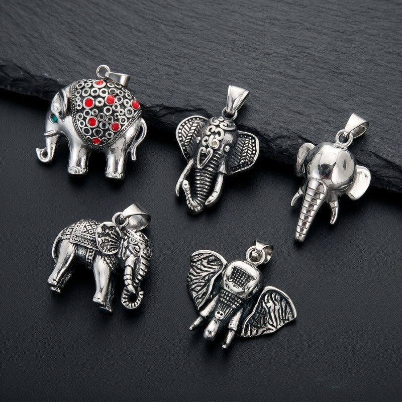 Vintage Ruby Jixiang Pendant Exotic Style Three-Dimensional Elephant Casting Pendant Stainless Steel Men's Necklace
