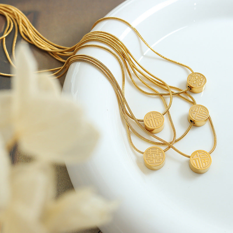 Double-Sided Happiness Character Pendant Necklace - Titanium Steel with 18K Gold Plating