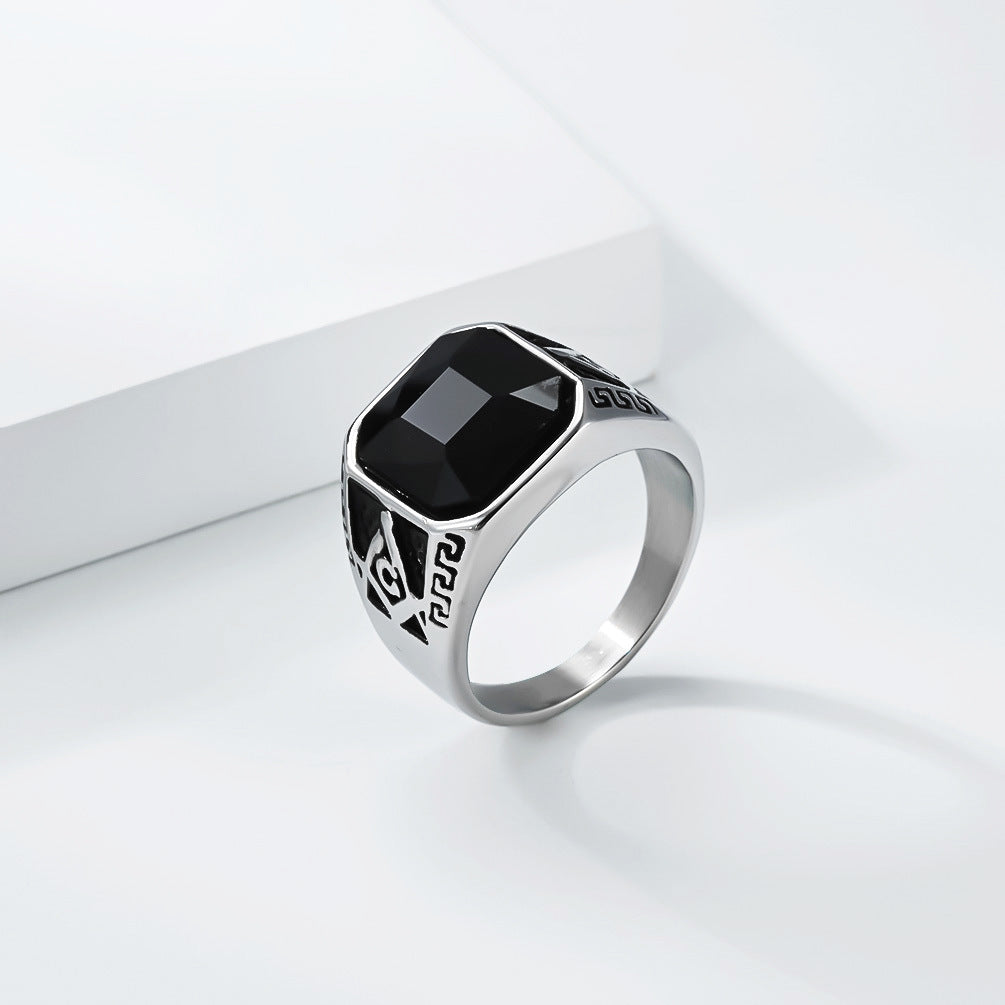 Planderful Freemason Black Stone Ring For Men Unisex Retro Fraternity Symbol Everyday Genie