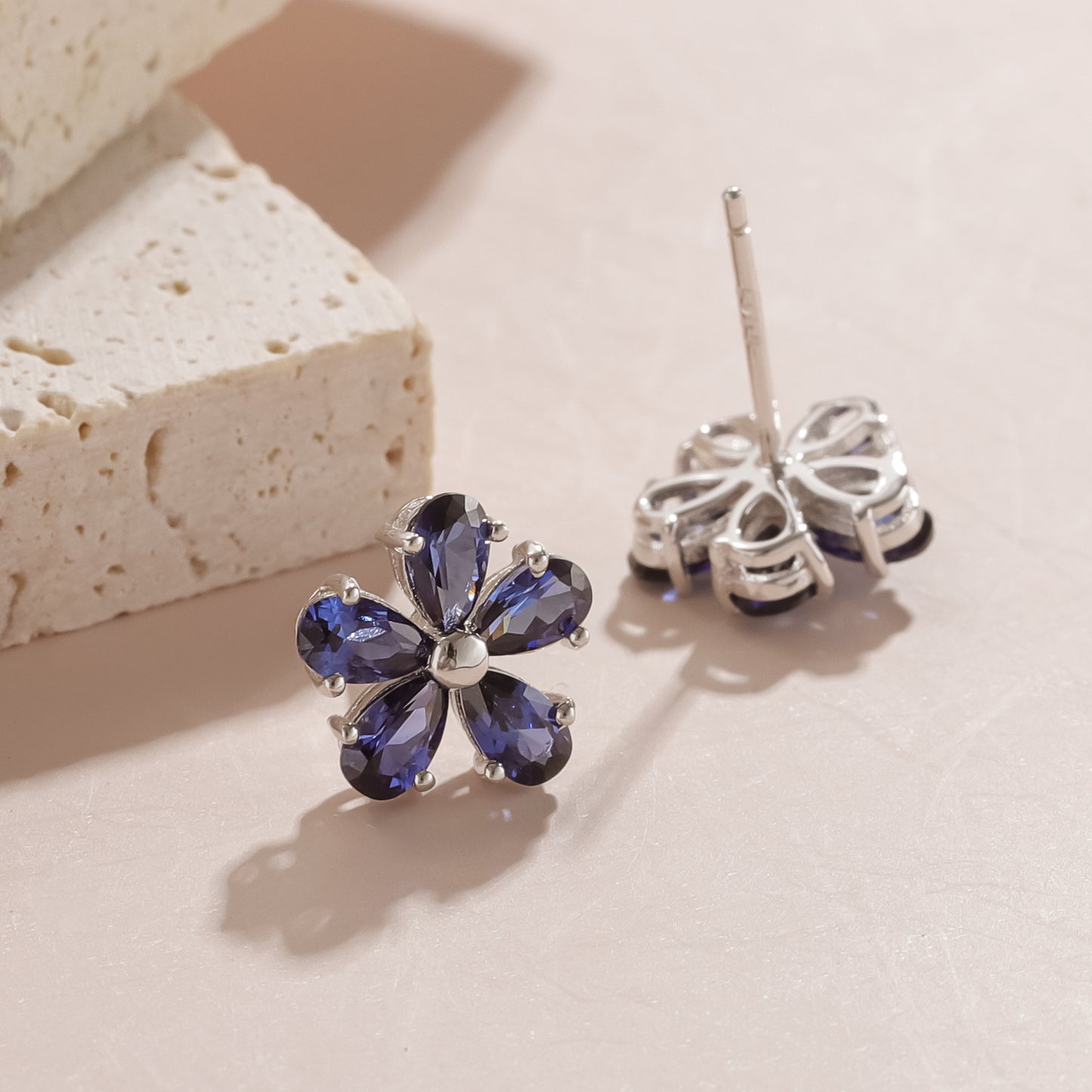 Five-Petal Flower Stud Earrings S925 Silver Lab Grown Sapphire