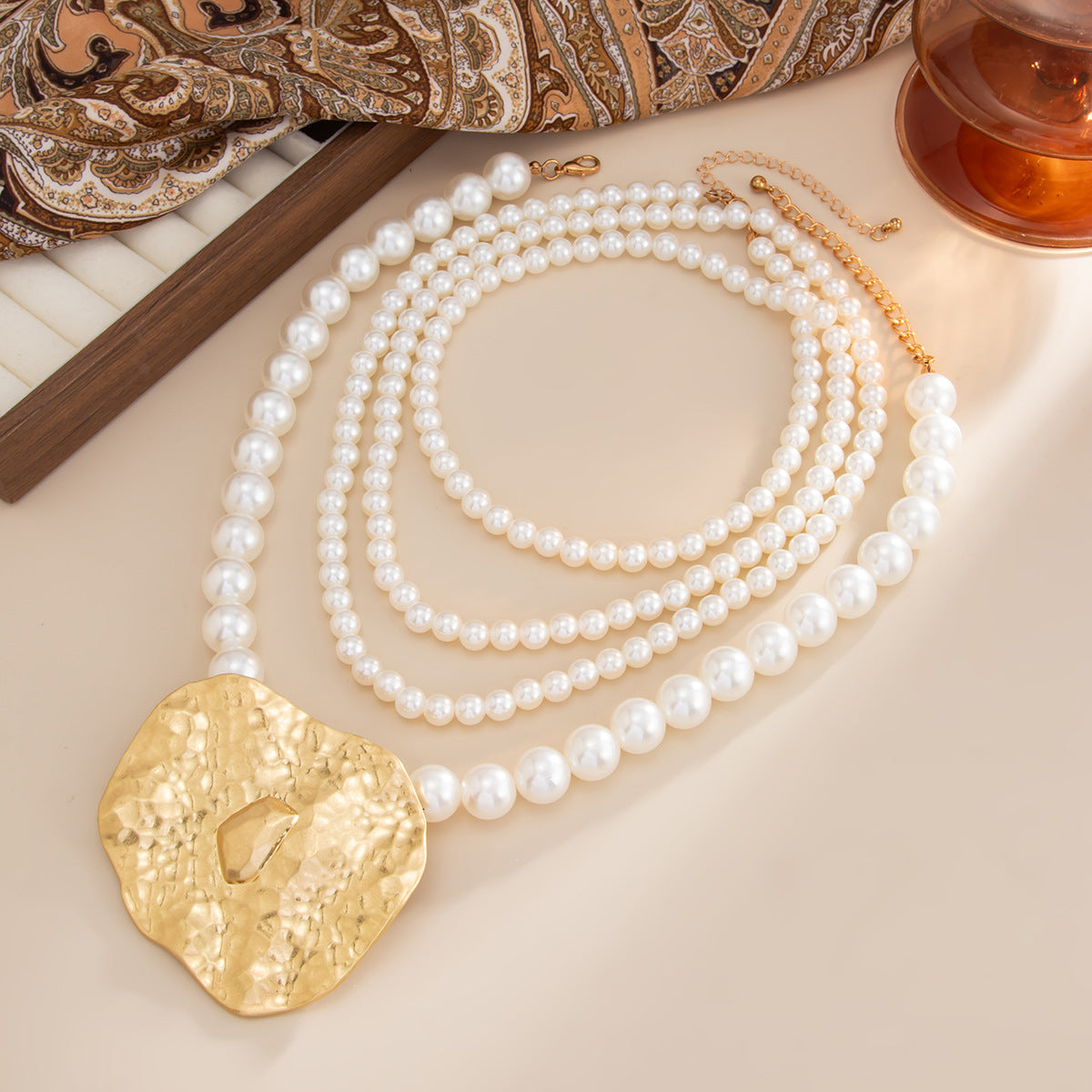 French Pearl & Sculptural Leaf Layered Necklace