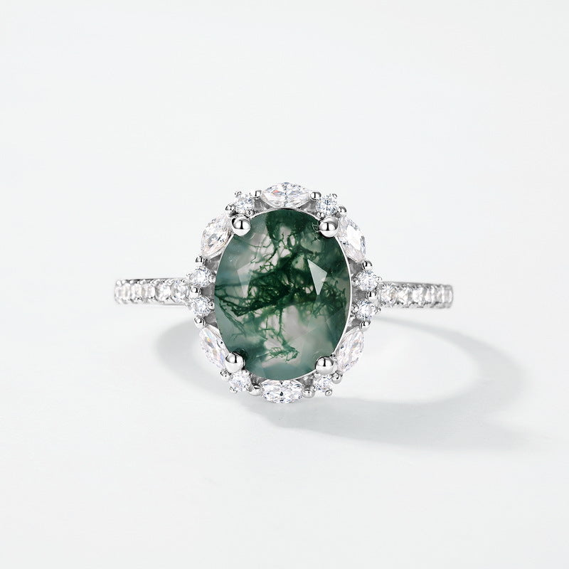 Planderful Jewelry Elegant Sterling Silver Agate Ring with Versatile Oval Green Moss Design, European Fashion Style for Everyday Wear