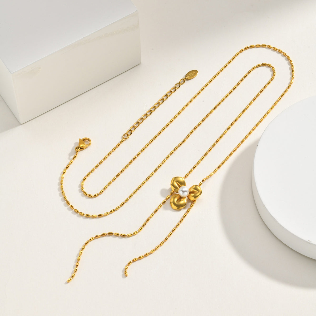 Minimalist Stainless Steel Flower Imitation Pearl Olive Bead Y-Shaped Exquisite Necklace