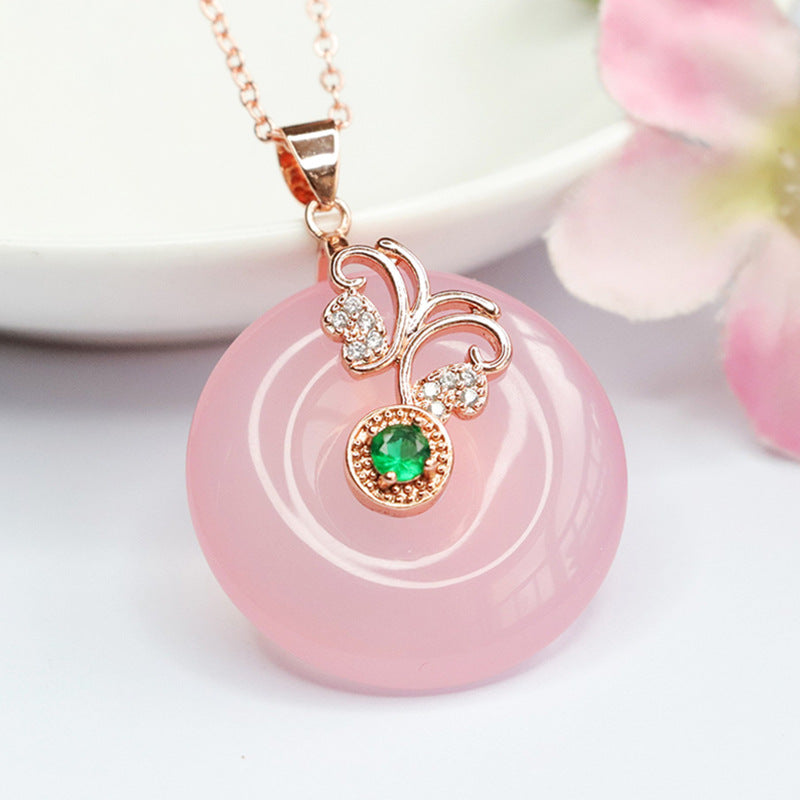 Rose Gold Necklace with Butterfly Pendant Featuring Natural Pink Chalcedony