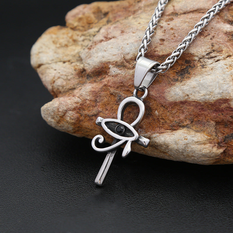Titanium Steel Eye of Horus Anhe Cross Pendant Necklace for Men