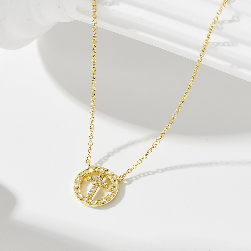 925 Sterling Silver Round Hollow Inlaid Zircon Cross Necklace