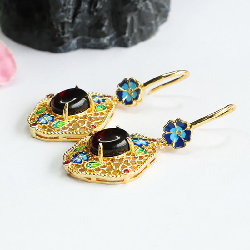 Blood Amber Enamel Floral Drop Earrings