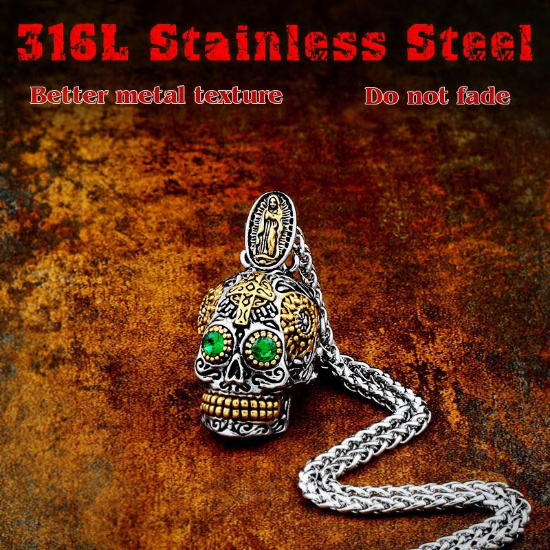 Titanium Steel Engraved Virgin Skull Pendant - Retro Punk Style for Men