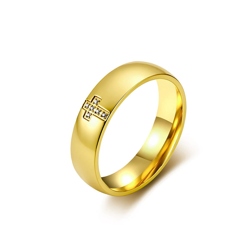Stainless Steel Gold-Plated Zircon Cross Ring Unisex Couple Wedding